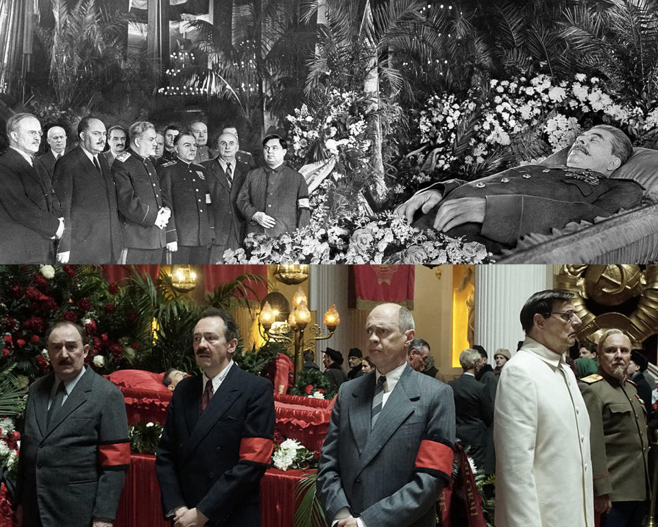 Top – The funeral of Josef Stalin [L – R] – Bulganin, Vorochilov, Mikoyan, Khrushchev, Beria, and Molotov – 5 March 1953 (Rex/eOne)