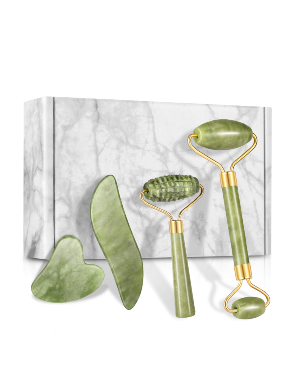 12) 4-pcs Jade Roller & Gua Sha Set, Facial Roller Massager