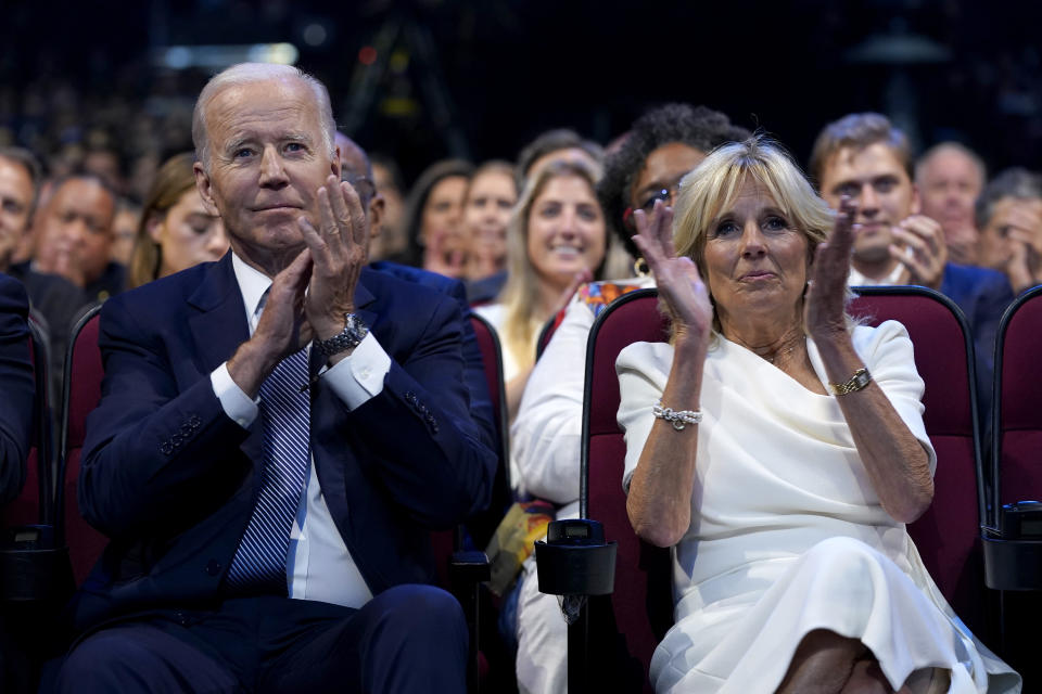 President Joe Biden and first lady Jill Biden attend the inaugural ceremony of the Summit of the Americas, Wednesday, June 8, 2022, in Los Angeles. (AP Photo/Evan Vucci)