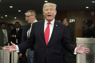 <p>President Donald Trump stops to talk to the media as he leaves the United Nations headquarters, Monday, Sept. 18, 2017. (Photo: Richard Drew/AP) </p>