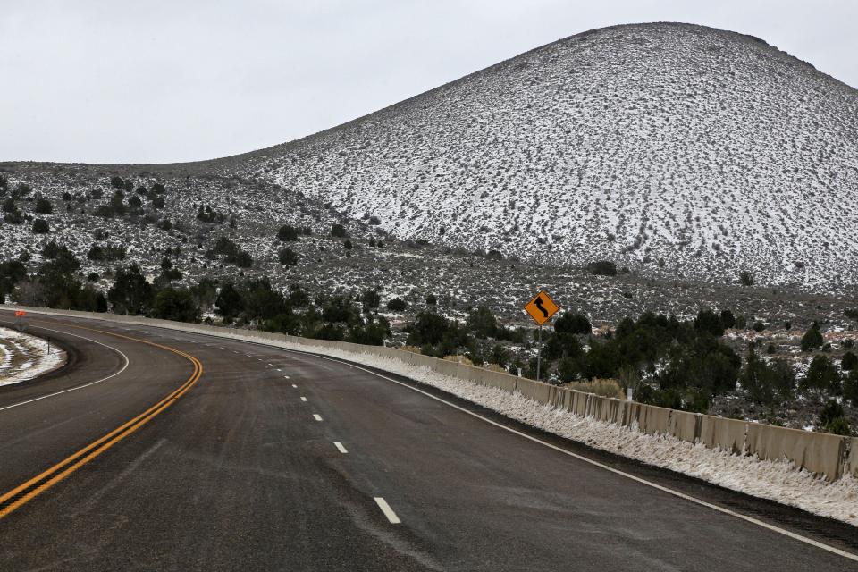 A light snow covers the Veyo Volcano on Monday, Feb. 23, 2015, along state Route 18.