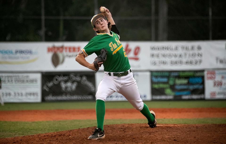 Zach Root pitches for the Green Wave in a high school baseball matchup against Naples on Wednesday, March 30, 2022, at Fort Myers High School.