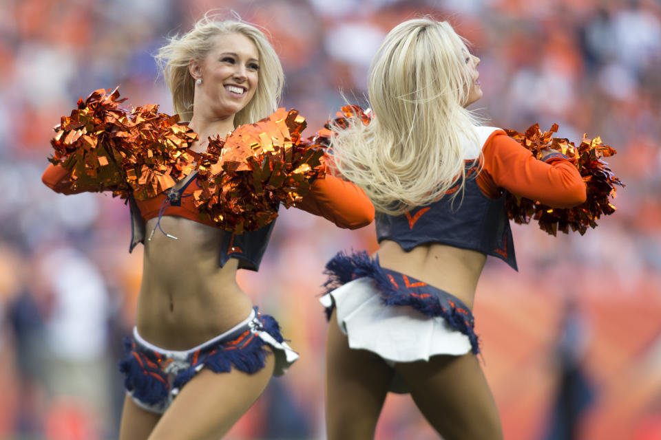 <p>Denver Broncos cheerleaders entertain the crowd during the NFL game between the Dallas Cowboys and the Denver Broncos on September 17, 2017 at Sports Authority Field in Denver, CO. (Photo by Kyle Emery/Icon Sportswire via Getty Images) </p>