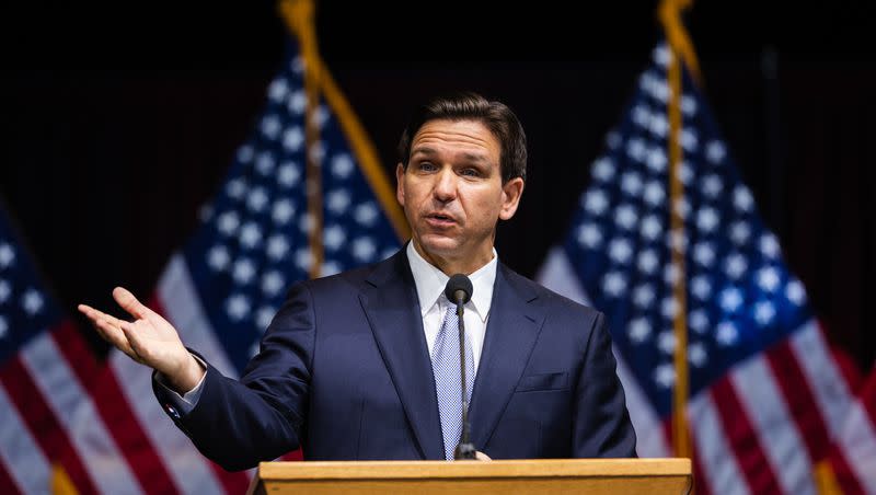 Florida Gov. Ron DeSantis speaks during the Utah Republican Party Organizing Convention at Utah Valley University in Orem on Saturday, April 22, 2023.