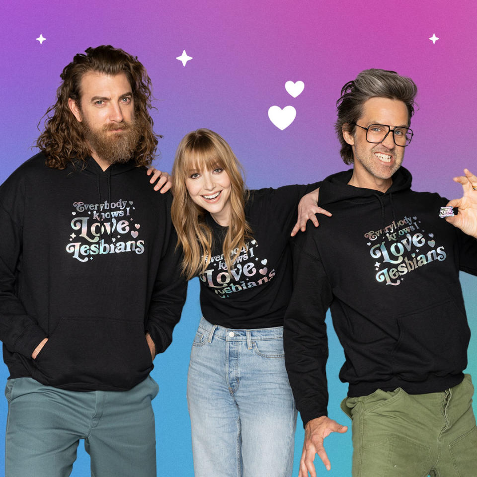 rhett and link, mythical entertainment, everybody knows i love lesbians hoodie shirts, 2024, fashion brands donating to lgbtq charities, donations, pride month 2024 collection merch fashion brands, rainbow flag and colors, the trevor project