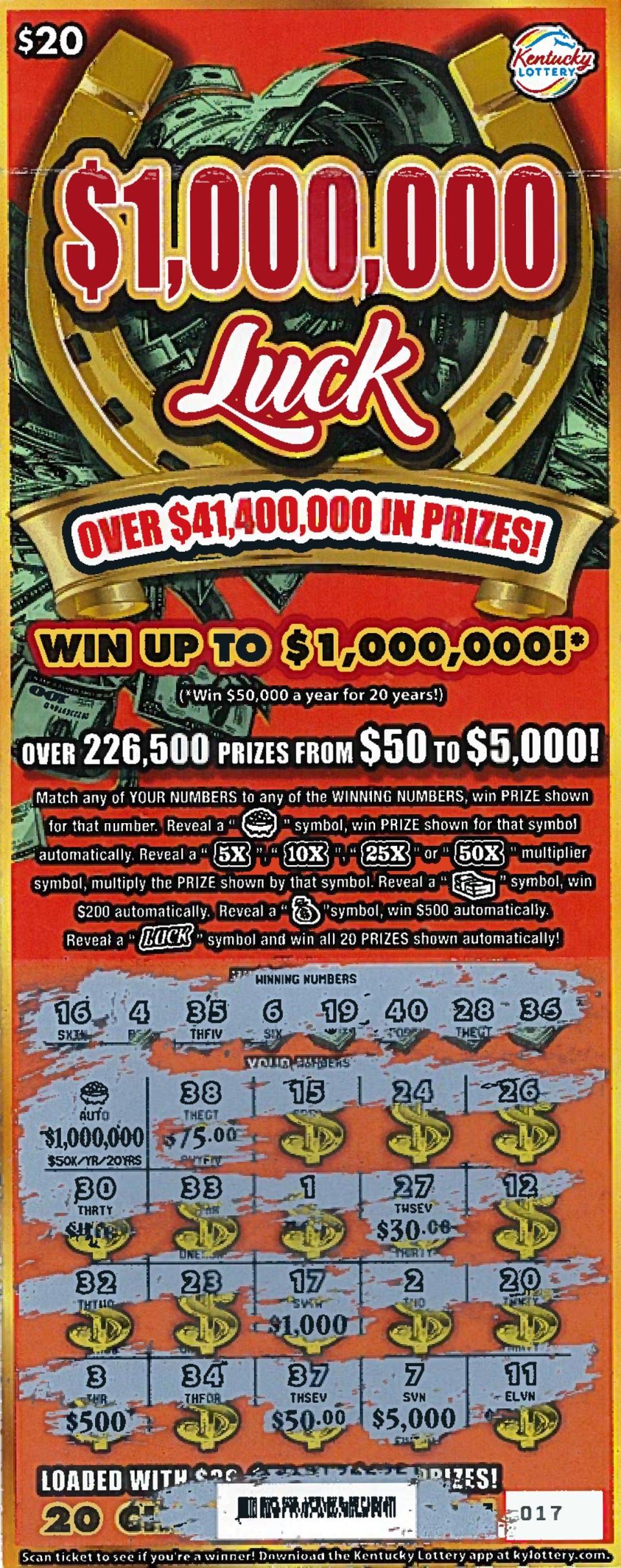 Michael Schlemmer's winning lottery ticket. The man was running out of gas and stopped to get some. While there, he also bought a lottery ticket and won a top $1,000,000 prize.