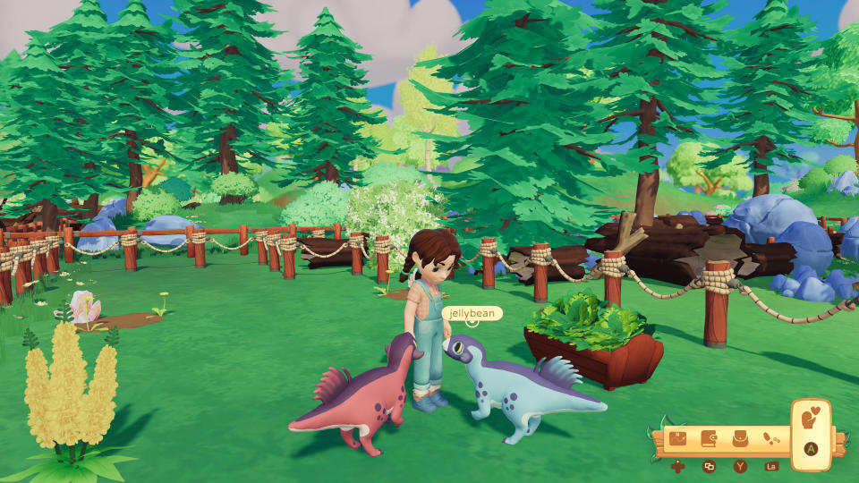 Paleo Pines screenshot: A player made character with braids  interacting with two psittacosaurus, one of which is named Jellybean.