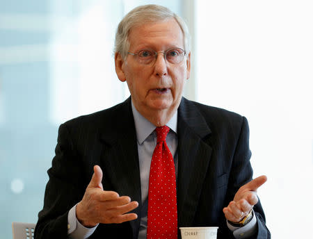 FILE PHOTO: Senate Majority Leader Mitch McConnell (R-KY) speaks during an interview with Reuters in Washington, U.S., October 17, 2018. REUTERS/Joshua Roberts