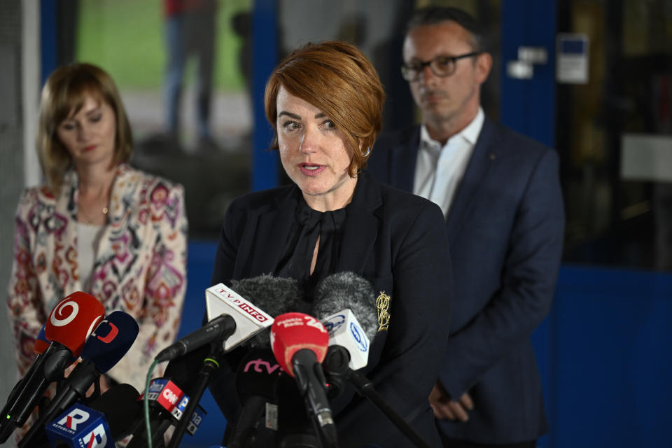 Hospital director Miriam Lapunikova speaks during a media briefing, outside the F. D. Roosevelt University Hospital, where Slovak Prime Minister Robert Fico, who was shot and injured on May 15, is treated, in Banska Bystrica, central Slovakia, Friday, May 17, 2024. Slovakia's populist Prime Minister Robert Fico was shot multiple times and gravely wounded Wednesday, but his deputy prime minister said he believed Fico would survive. (AP Photo/Denes Erdos)