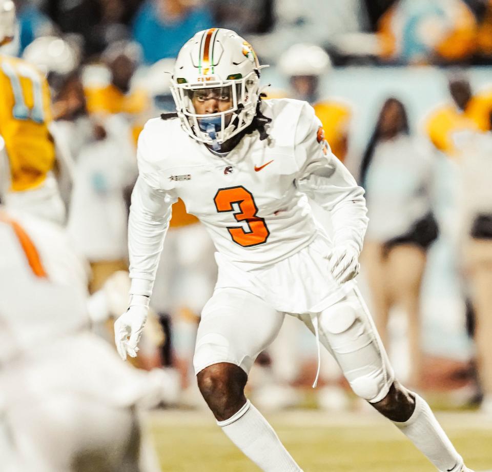 FAMU safety Antwan Collier looks to make a hit against the Southern Jaguars in a 29-17 win on Saturday, Nov. 6, 2021.