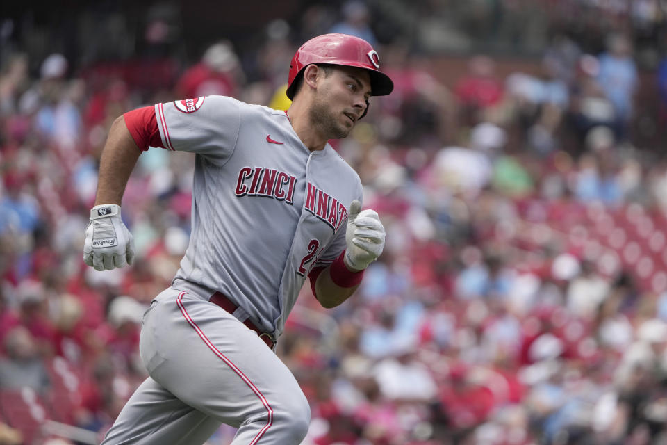 Cincinnati Reds' Luke Maile doubles during the fourth inning of a baseball game against the St. Louis Cardinals Saturday, June 10, 2023, in St. Louis. (AP Photo/Jeff Roberson)