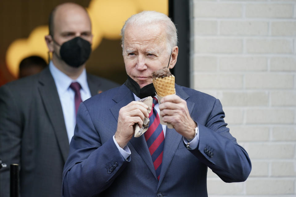 President Joe Biden leaves after getting ice cream at Jeni's Splendid Ice Creams, Tuesday, Jan. 25, 2022, in Washington. (AP Photo/Andrew Harnik)