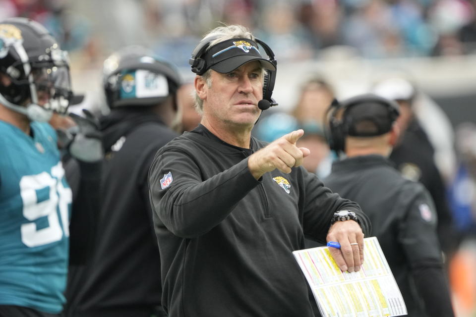 Jacksonville Jaguars head coach Doug Pederson watches from the sideline during the first half of an NFL football game against the San Francisco 49ers, Sunday, Nov. 12, 2023, in Jacksonville, Fla. (AP Photo/John Raoux)