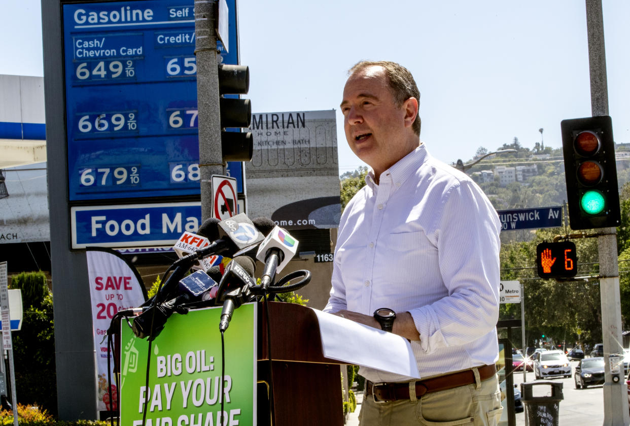 LOS ANGELES, CA - MAY 31, 2022: With high gas prices looming in the background at a Chevron station, Rep. Adam Schiff, D-Burbank, holds a press conference on Los Feliz Boulevard announcing legislation aimed at lowering gas prices through a suspension of the federal gas tax on May 31, 2022 in Los Angeles, California.(Gina Ferazzi / Los Angeles Times via Getty Images)