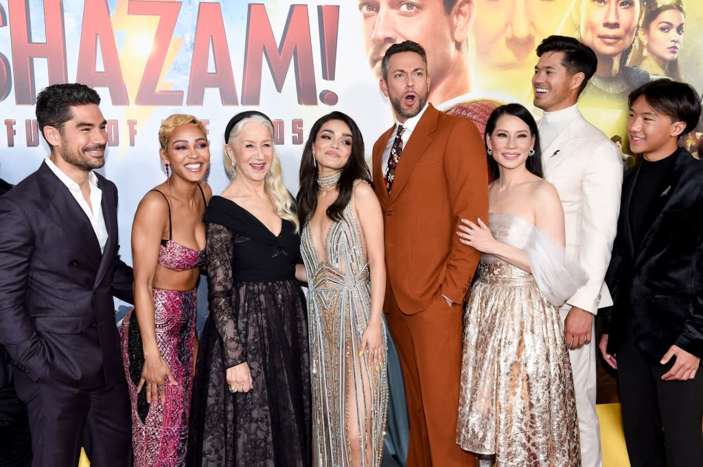 D.J. Cotrona, Meagan Good, Helen Mirren, Rachel Zegler, Zachary Levi, Lucy Liu, Ross Butler and Ian Chen at the premiere of "Shazam! Fury of the Gods" held at Regency Village Theatre on March 14, 2023 in Los Angeles, California.