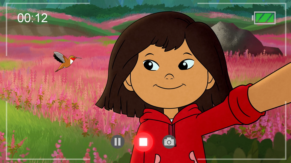 Animated frame of character from Molly of Denali standing outdoors and looking at a hummingbird.