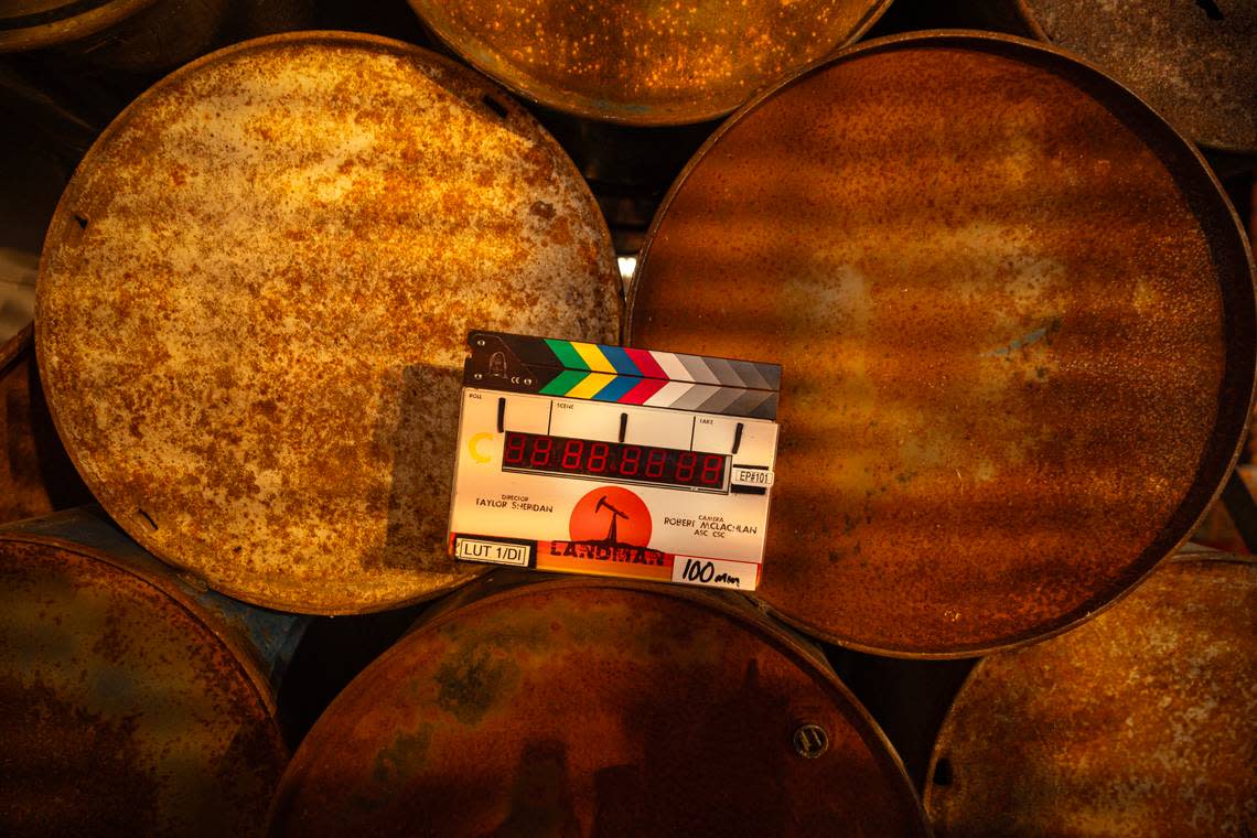 A slate is pictured from the first day of production of “Landman”, streaming on Paramount+, 2024. Emerson Miller/Paramount+