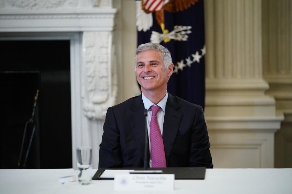 Chris Nassetta, President and CEO of Hilton takes part in a roundtable discussion with US President Donald Trump and other industry executives on Opening Up America Again in the State Dining Room of the White House in Washington, DC on April 29, 2020. (Photo by MANDEL NGAN / AFP) (Photo by MANDEL NGAN/AFP via Getty Images)