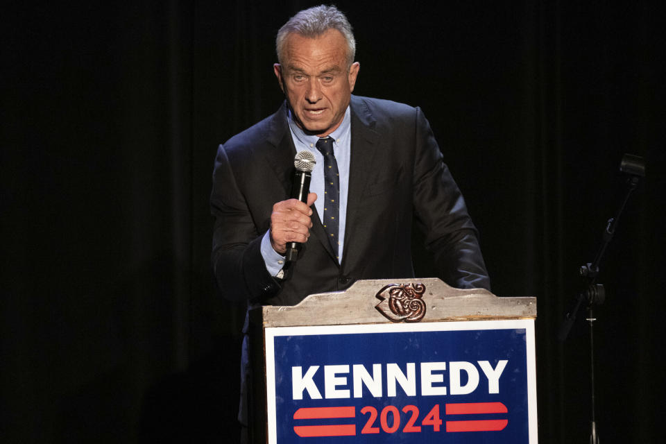 FILE - Democratic Presidential Candidate Robert F. Kennedy Jr. celebrates Hispanic Heritage Month with supporters at the Wilshire Ebell Theatre in Los Angeles, Friday, Sept. 15, 2023. Kennedy, an anti-vaccine conspiracy theorist and scion of the storied Democratic dynasty, is expected to launch an independent or third-party presidential bid on Monday, Oct 9. (Hans Gutknecht/The Orange County Register via AP, File)