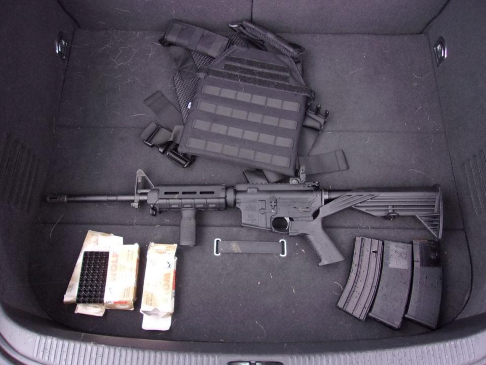 Items found in the trunk of Tres Genco's car during his March 2020 arrest. Genco was sentenced to more than six years in prison for plotting a mass shooting as part of a radical ideology.