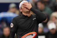 Taylor Fritz of the United States reacts during the final match against Jan-Lennard Struff of Germany at the Tennis ATP tournament in Munich, Germany, Sunday, April 21, 2024. (AP Photo/Matthias Schrader)