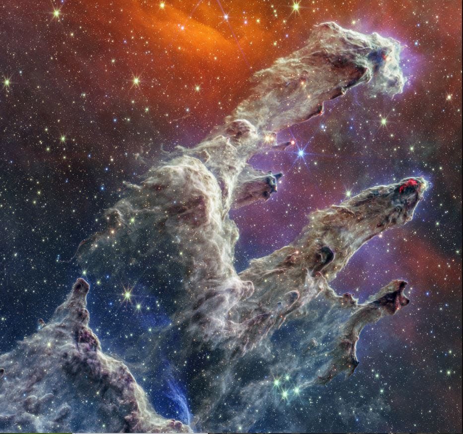 An updated image of the Pillars of Creation from the James Webb Space Telescope.