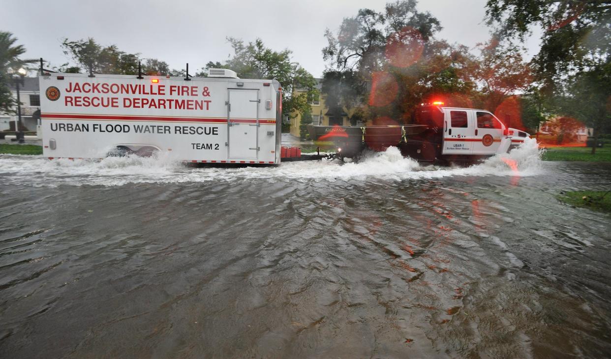 The Jacksonville Fire and Rescue Department's Urban Flood Water Rescue Team 2 makes its way along flooded San Marco Boulevard as Hurricane Irma passes by on Sept. 11, 2017. The leadership of the city's emergency response division changed this week for the second time in a year as hurricane season approaches.