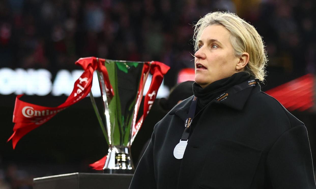 <span>Emma Hayes walks past the League Cup after defeat by Arsenal last month – on Saturday Chelsea resume their European campaign.</span><span>Photograph: Marc Atkins/Getty Images</span>