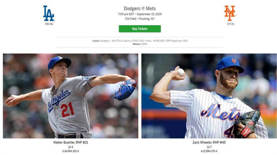 道奇、大都會先發投手名單，圖取自MLB官網