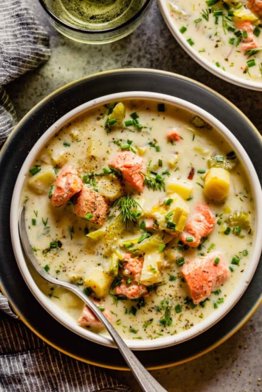 <p>Zestful Kitchen</p><p>This salmon chowder recipe swaps the heavy cream-based soup for a lighter and brighter version that’s just as comforting and far more nourishing.</p><p><strong>Get the recipe: <a href="https://zestfulkitchen.com/salmon-chowder-with-leeks-parsnips/" rel="nofollow noopener" target="_blank" data-ylk="slk:Salmon Chowder and Leeks and Parsnips;elm:context_link;itc:0;sec:content-canvas" class="link "><em>Salmon Chowder and Leeks and Parsnips</em></a></strong></p><p><strong>Related: <a href="https://www.yahoo.com/lifestyle/55-best-mushroom-recipes-freshly-215802395.html" data-ylk="slk:55 Best Mushroom Recipes;elm:context_link;itc:0;sec:content-canvas;outcm:mb_qualified_link;_E:mb_qualified_link;ct:story;" class="link  yahoo-link">55 Best Mushroom Recipes</a></strong></p>