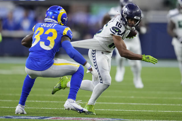 Inglewood, United States. 02nd Dec, 2022. Seattle Seahawks safety Teez  Tabor (39) celebrates against the Los Angeles Rams during a NFL football  game, Sunday, Dec. 4, 2022, in Inglewood, Calif at Sofi