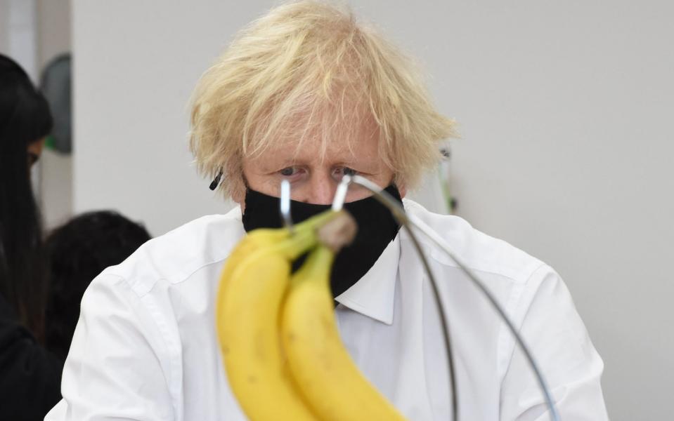 Boris Johnson drew a bunch of bananas on his visit to a nursery in Guildford this morning - Jeremy Selwyn/Evening Standard/PA Wire