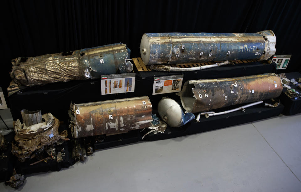 Fragments from Iranian short range ballistic missiles (Qiam) are displayed at the Iranian Materiel Display (IMD) at Joint Base Anacostia-Bolling, in Washington, Thursday Nov. 29, 2018. The Trump administration accused Iran of stepping up violations of a U.N. ban on arms exports by sending rockets and other weaponry to rebels in Afghanistan and Yemen. The presentation displays weapons and fragments of weapons seized in Afghanistan, Bahrain and Yemen that it said are evidence Iran is a "grave and escalating threat" that must be stopped. (AP Photo/Carolyn Kaster)