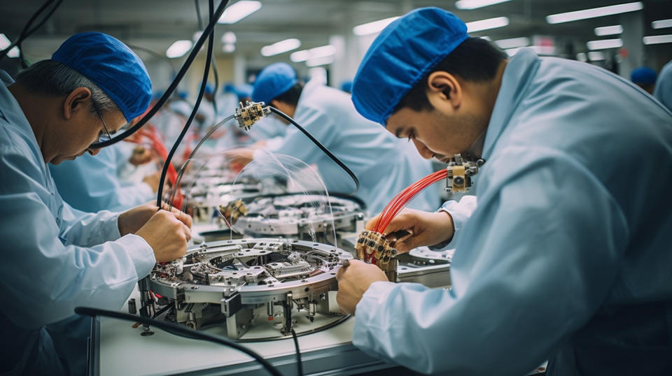 An assembly line of workers inspecting and assembling fiber optic gyros.