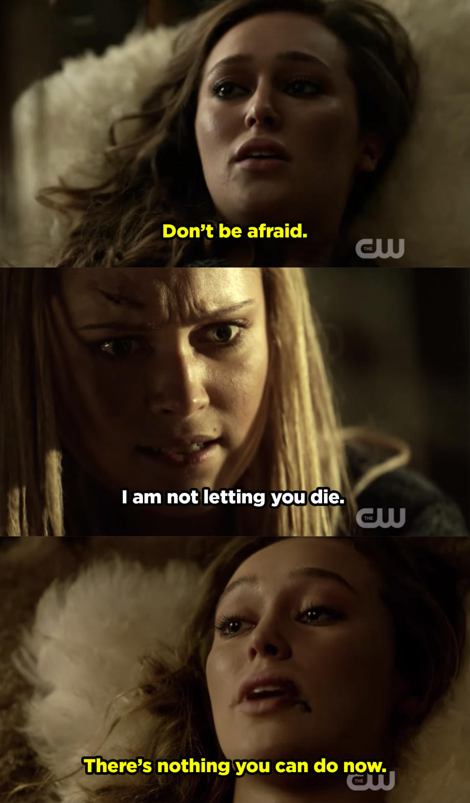 Clarke trying to save Lexa, but Lexa telling her not to be afraid because there's nothing else she can do. 