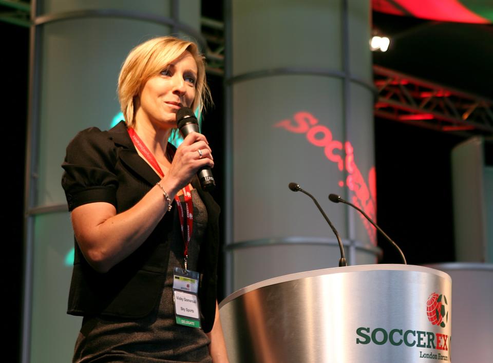 Host Vicky Gomersall at the Soccerex, London Forum, Wembley Stadium  (Photo by Adam Davy - PA Images via Getty Images)