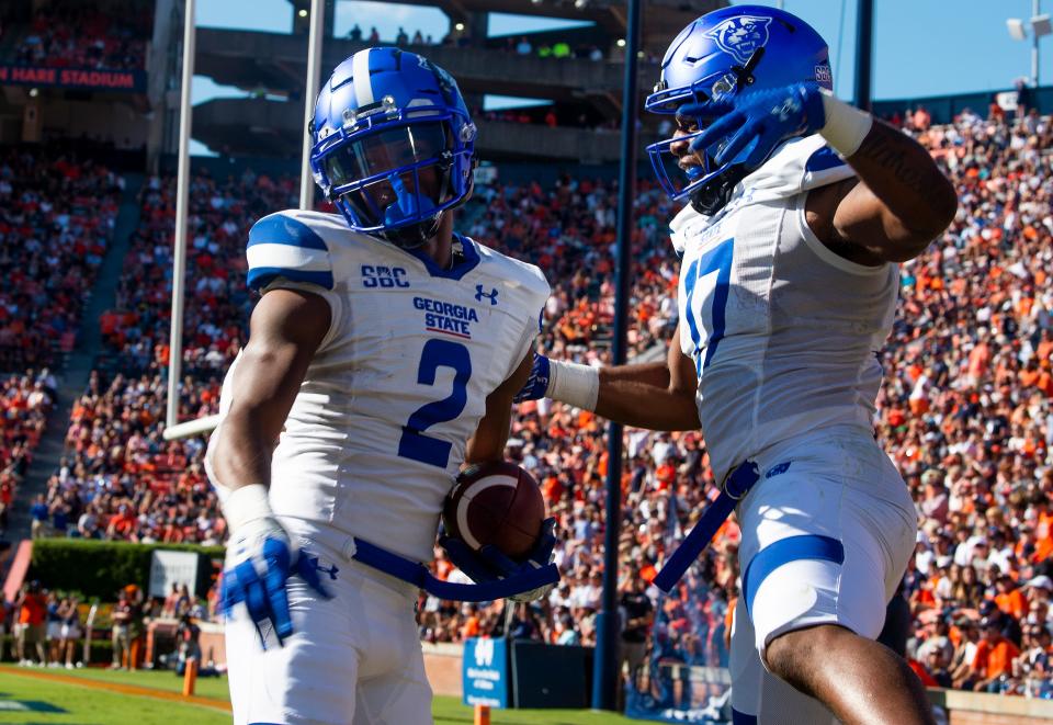 Georgia State Panthers wide receiver Jamari Thrash (2) celebrates his touchdown against the Auburn Tigers at Jordan-Hare Stadium in Auburn, Ala., on Saturday, Sept. 25, 2021. 