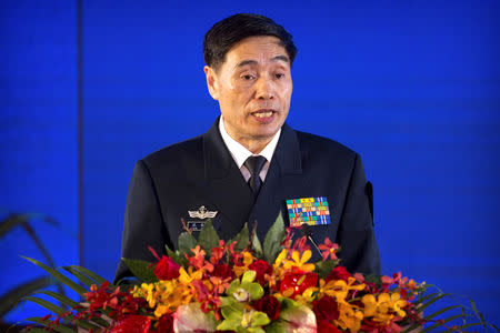 Vice Admiral Shen Jinlong, commander of the Chinese People's Liberation Army (PLA) Navy, speaks at a welcome reception for the commemoration of the 70th anniversary of the founding of the China's navy in Qingdao, Shandong province, China, April 22, 2019. Mark Schiefelbein/Pool via REUTERS