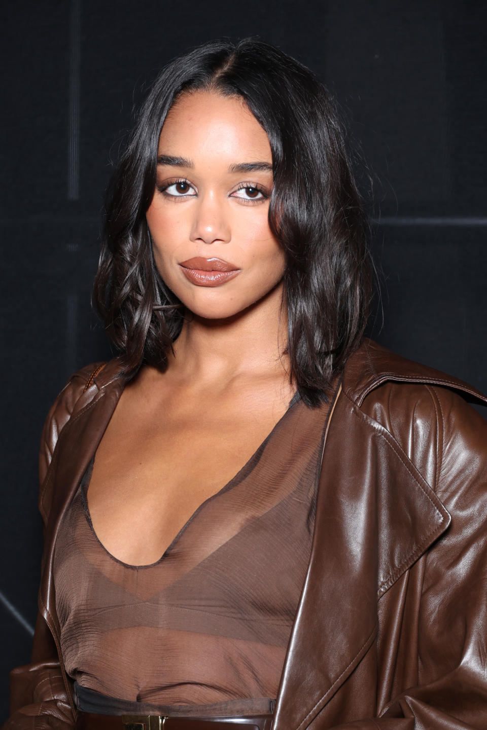Laura Harrier sports subtle layers to frame the front of her bob haircut during Paris Fashion Week in September.