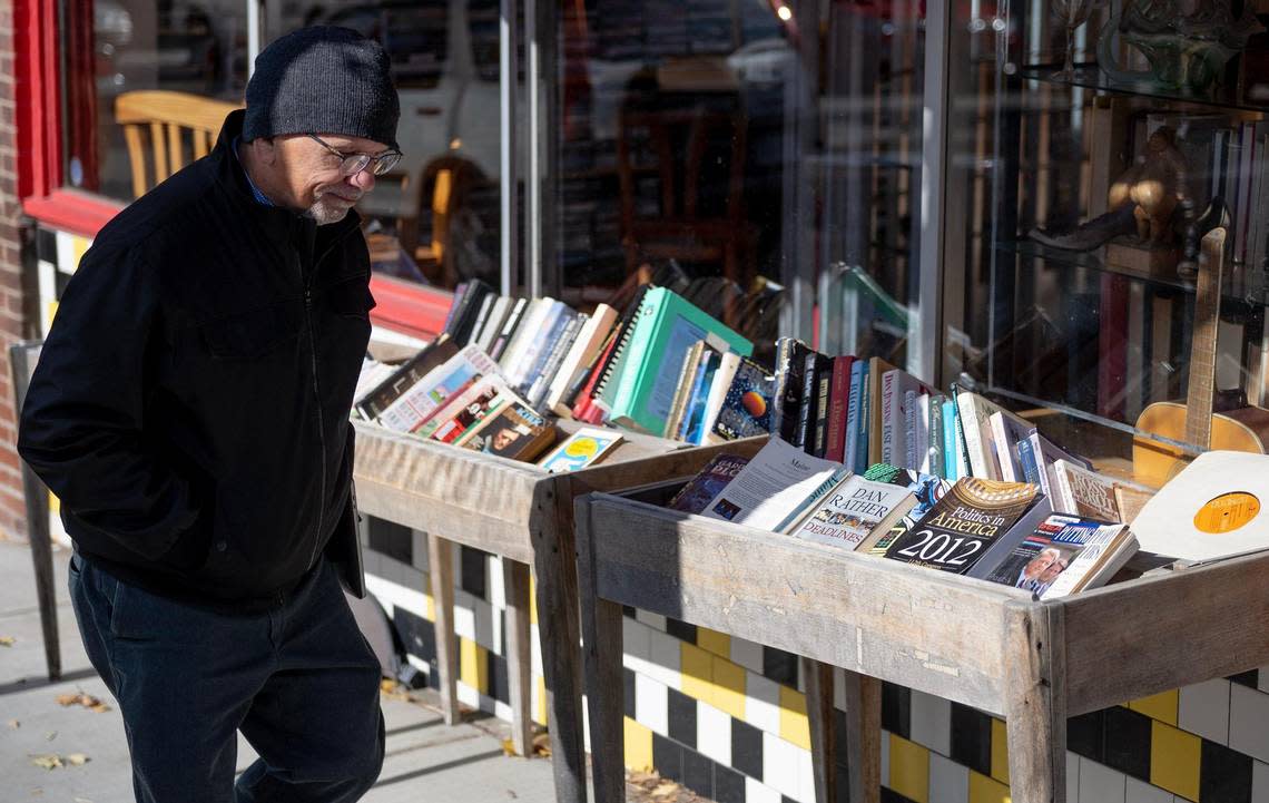 Prospero’s keeps book racks outside 24 hours a day for people to choose something to read for $1 or $2, on the honor system.