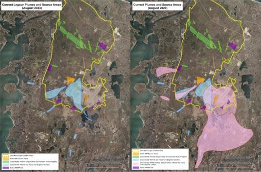 Satellite imagery shows the extent of a PFAS plume — in pink — that has spread from Joint Base Cape Cod to North Falmouth and Mashpee, according to base officials.