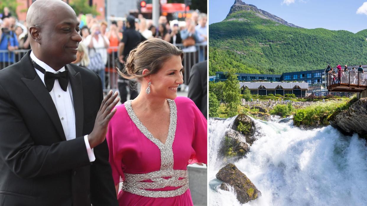 Princess Martha Louise and Durek Verrett waving and their wedding venue