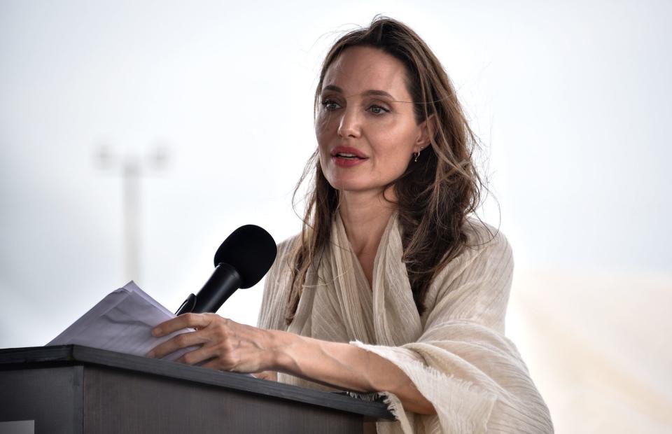 Angelina Jolie delivers a speech during a press conference after visiting a refugee camp on Saturday in the border between Colombia and Venezuela in Maicao.