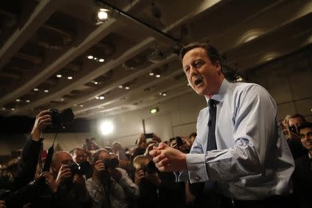 Britiain's Prime Minister David Cameron, gives a speech during an election campaign visit to the Institute of Chartered Accountants in London, England, on April 27, 2015. REUTERS/Adrian Dennis/Pool