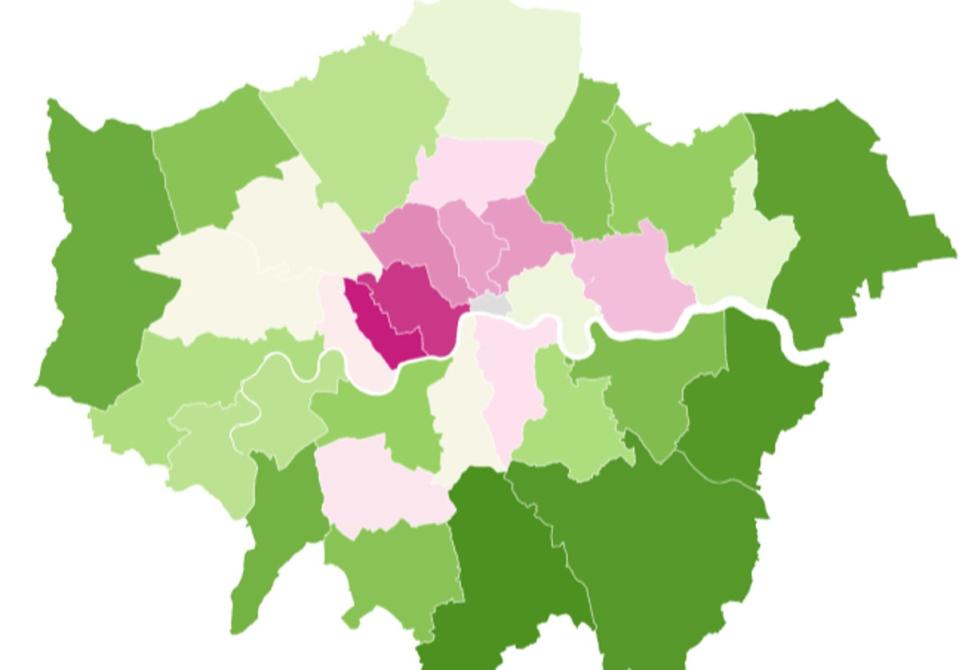 Heatmap: the share of income that would have to be spent to rent a two-bedroom home across London  (ES)