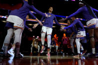 FILE - Phoenix Mercury center Brittney Griner is introduced for the team's WNBA preseason basketball game against the Los Angeles Sparks, May 12, 2023, in Phoenix. Griner’s return to the WNBA after nearly 10 months in a Russian prison hasn’t always been the smoothest ride. There have been injuries. There was a break for mental health. But there have also been many moments of joy. She was welcomed by adoring crowds at nearly every WNBA arena. Individually, she played well, and was selected to play in another All-Star game. (AP Photo/Matt York, File)