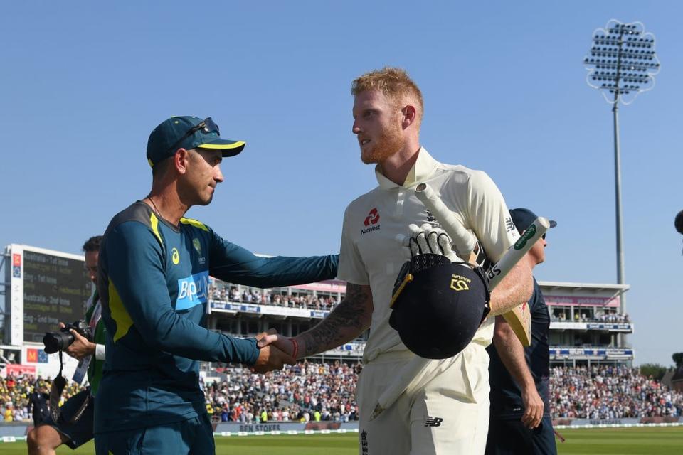 Justin Langer shakes Ben Stokes’ hand after his extraordinary innings at Headingley (Getty Images)