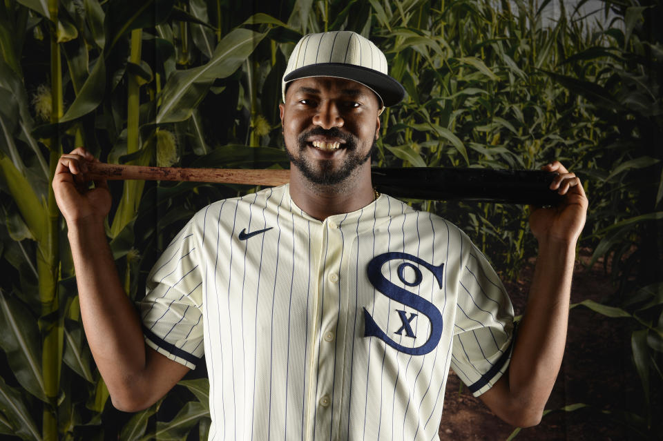 CHICAGO - AUGUST 03:  Eloy Jimenez #74 of the Chicago White Sox poses for a portrait wearing a special throwback vintage uniform in preparation for Major League Baseball