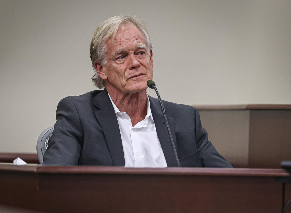 A teary-eyed David Halls, former first assistant director on Rust, takes a moment to collect himself after recounting the moments following the accidental shooting of Halyna Hutchins, while testifying  during Hannah Gutierrez-Reed’s involuntary manslaughter trial at the First Judicial District Courthouse in Santa Fe on Thursday, Feb. 29, 2024.