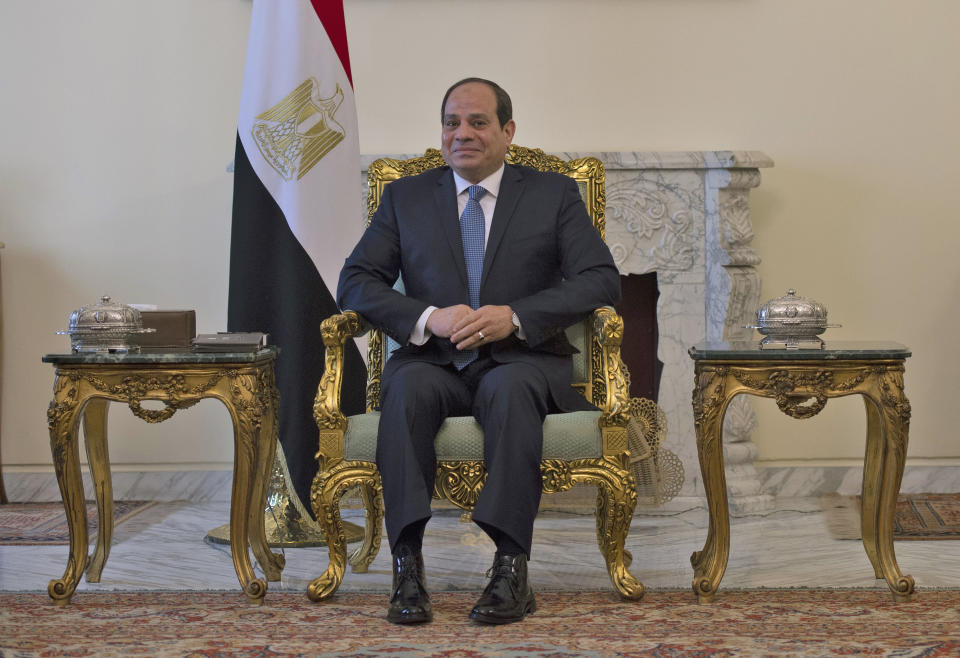 Egyptian President Abdel-Fattah el-Sissi meets with U.S. Secretary of State Mike Pompeo, in Cairo, Thursday, Jan. 10, 2019. Pompeo is in Cairo for talks with Egyptian leaders as he continues a nine-nation Middle East tour aimed at reassuring America's Arab partners that the Trump administration is not walking away from the region. (Andrew Caballero-Reynolds/Pool Photo via AP)